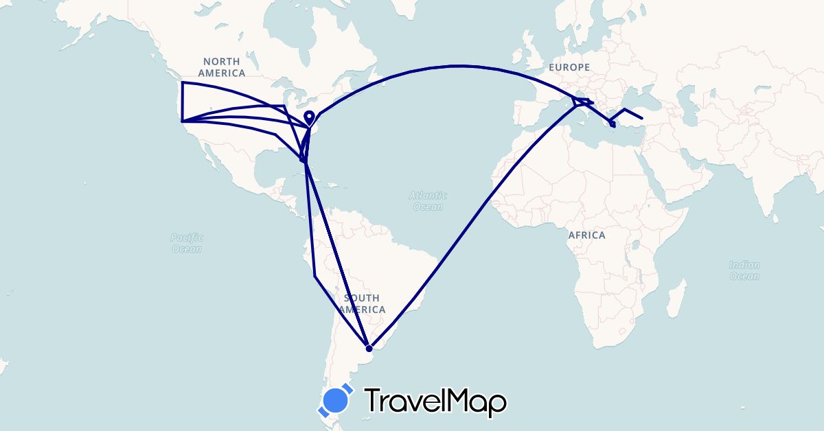 TravelMap itinerary: driving in Argentina, Greece, Croatia, Italy, Peru, Turkey, United States (Asia, Europe, North America, South America)